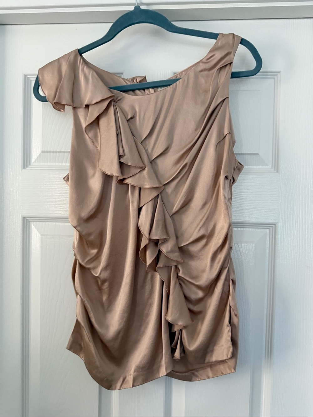 J. Crew Sleeveless Ruched and Ruffle Satin Top in Pink Beige - 10